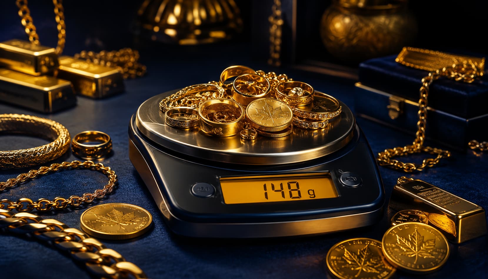 Gold jewellery and coins weighed on a precision scale — FairGold Montreal